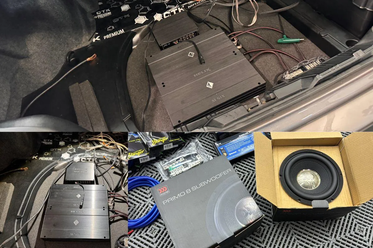 Amplificador y subwoofer instalados en el baúl de un auto