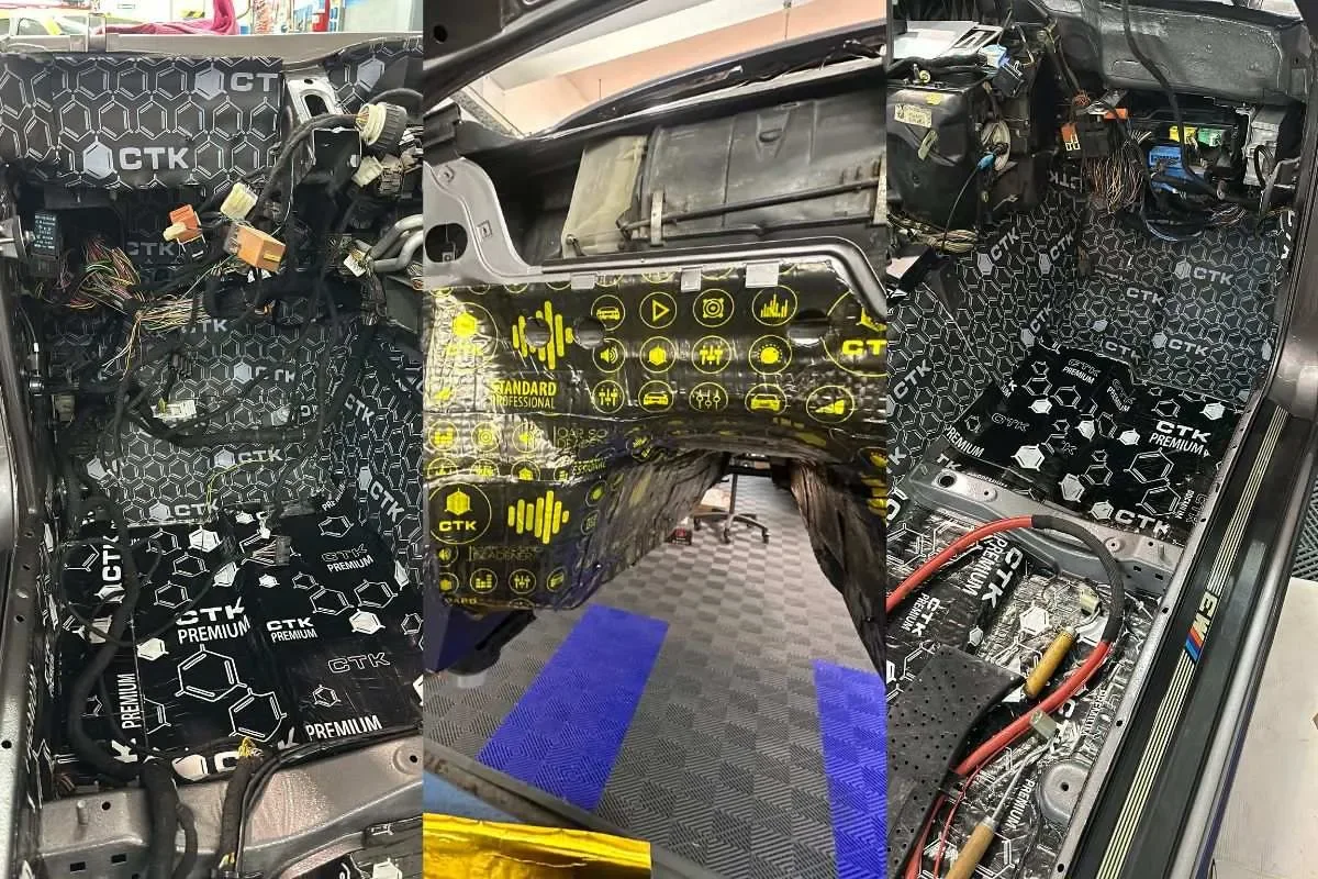 Material insonorizante colocado en el piso y los paneles de un auto desarmado en el taller de ADM TEAM